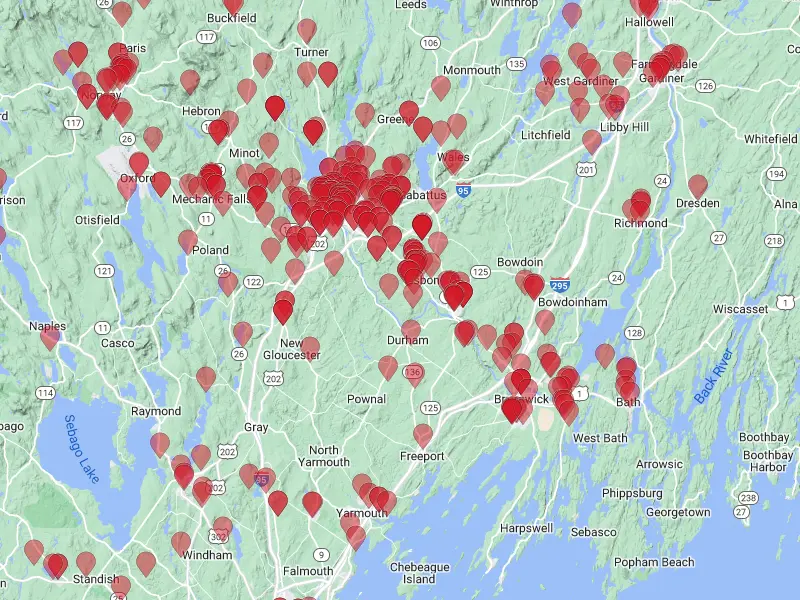 Map of Community Solar clients in Brunswick and Lewiston, Maine