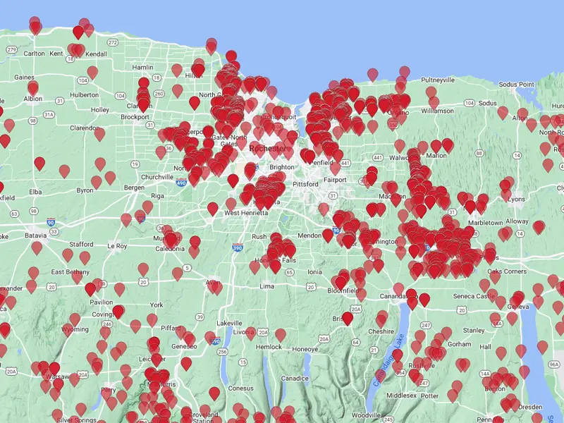 Map of community solar clients near Rochester, NY