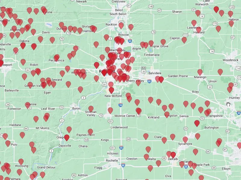 Map of community solar clients near Rockford, IL