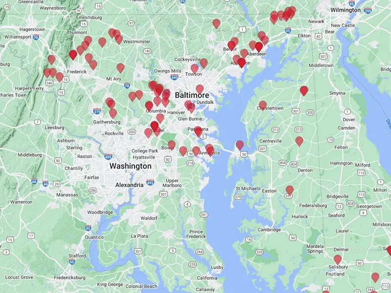 A map of Solar On Earth clients in Maryland