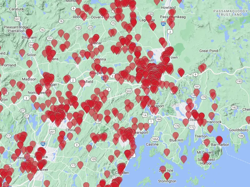 Map of Bangor, ME and surrounding area with red pins indicating clients of Solar On Earth