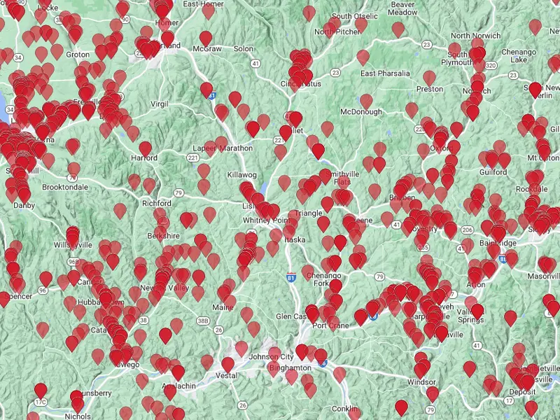 Map of Binghamton, NY with red pins indicating clients of Solar On Earth