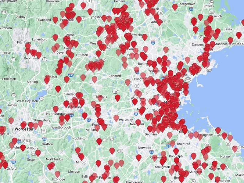 Map of Greater Boston with red pins indicating clients of Solar On Earth