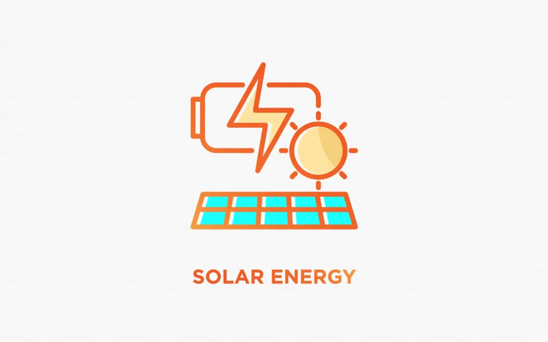 a graphic depiction of solar energy with an image of the sun, a solar panel, and a storage battery