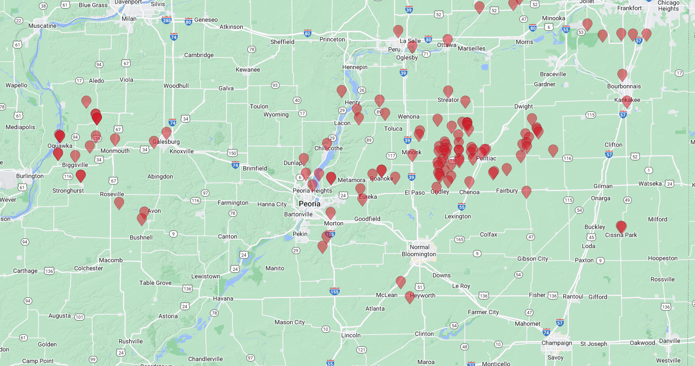 MAp of Peoria and surrounding area with red pins marking Community Solar customers
