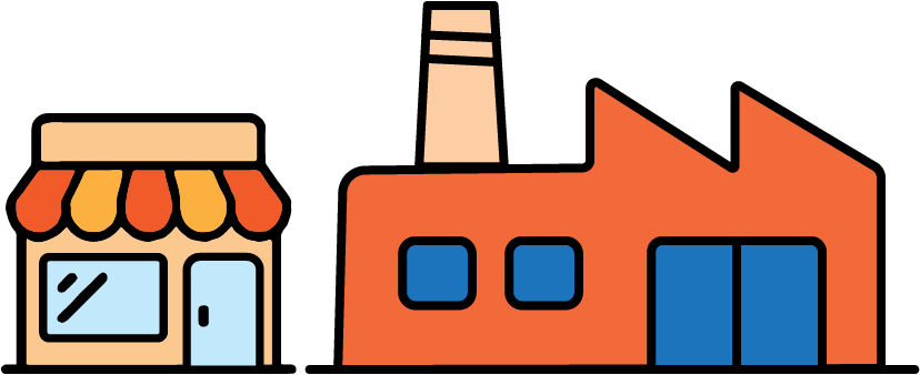 An illustration of a store and a factory